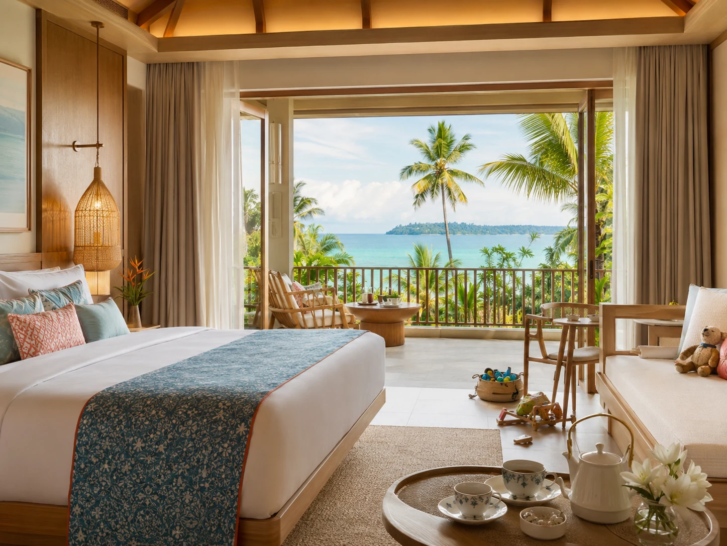 Premium family-friendly tropical resort room overlooking the sea